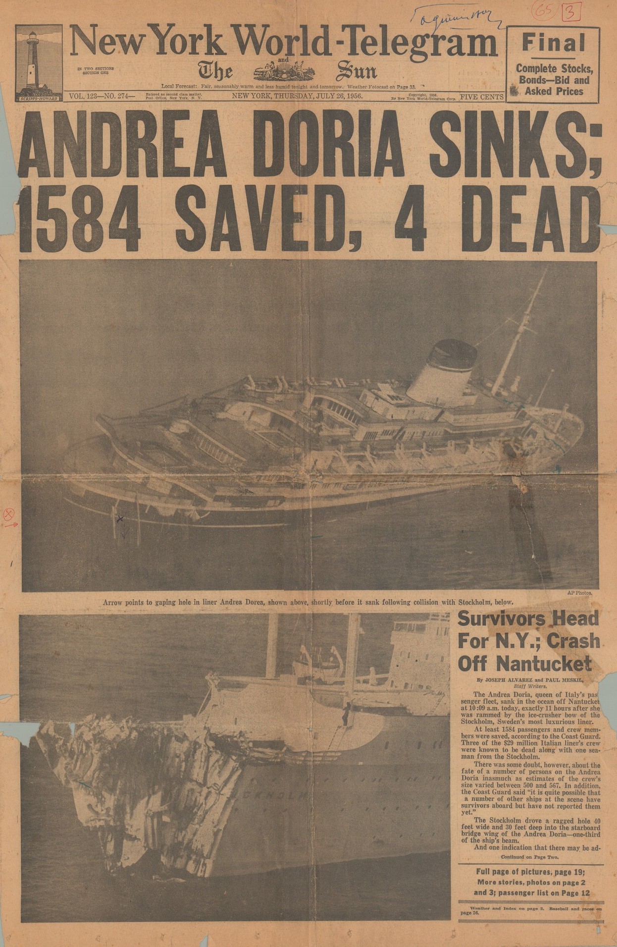 NY World Telegram sull’affondamento dell’Andrea Doria
